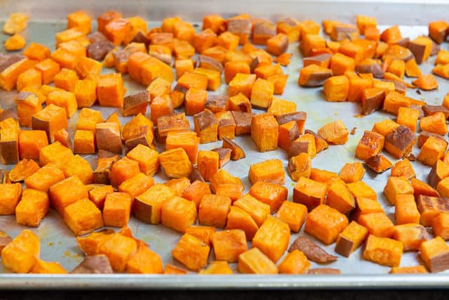 Roasted Sweet Potato Cubes - On Sheet Pan