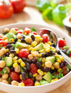 Avocado Bean Salad - In White Bowl with Corn and Tomatoes