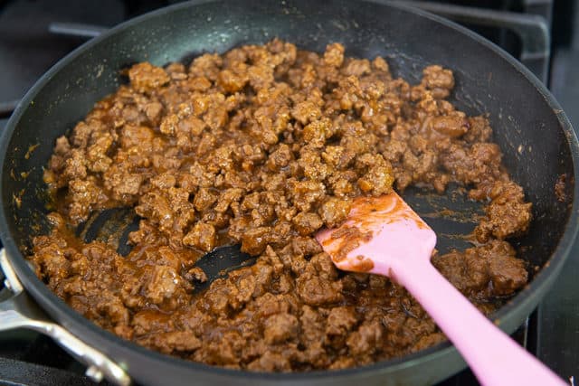 Saucy Ground Taco Meat in Skillet with Spatula