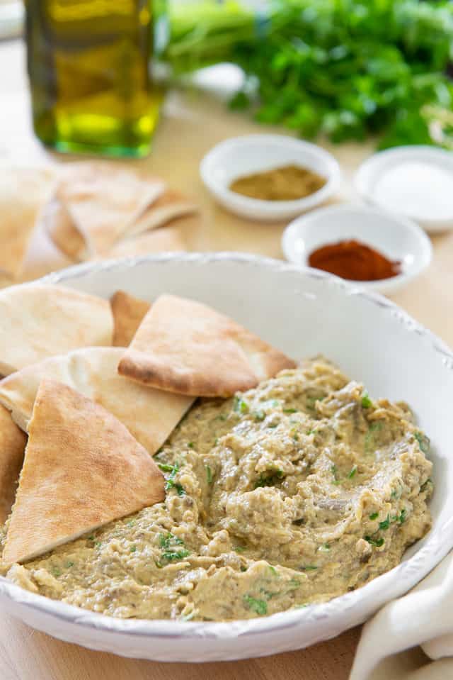 Baba Ganoush - Served in a White Bowl with Pita Wedges
