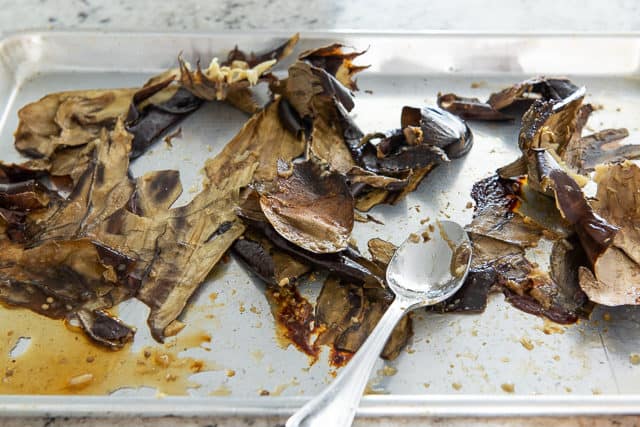 Discarded eggplant Skins on sheet pan