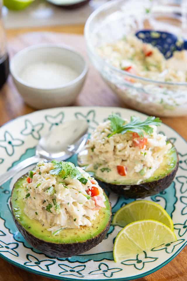 Crab Salad Stuffed Avocado Halves in Blue Plate