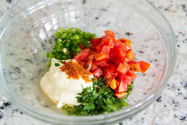 Crab Salad Dressing - in Glass Bowl with Mayonnaise, Cayenne, and Tomato