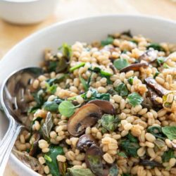Barley Plated In White Bowl with Mushrooms, Herbs, and Spinach