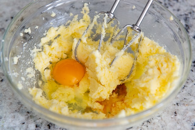 Creamed softened butter and sugar, with an egg and vanilla extract added