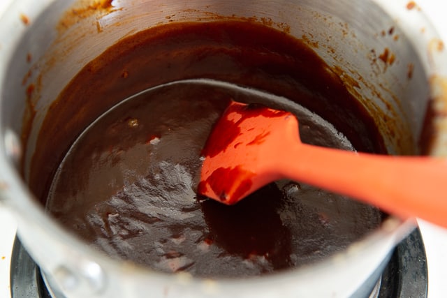 Sweet and Spicy BBQ Sauce - In a Saucepan with Thick and Rich Texture Shown