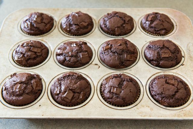 Freshly Baked Batch of the Fifteen Spatulas Chocolate Chip Muffin Recipe in a Muffin Tin
