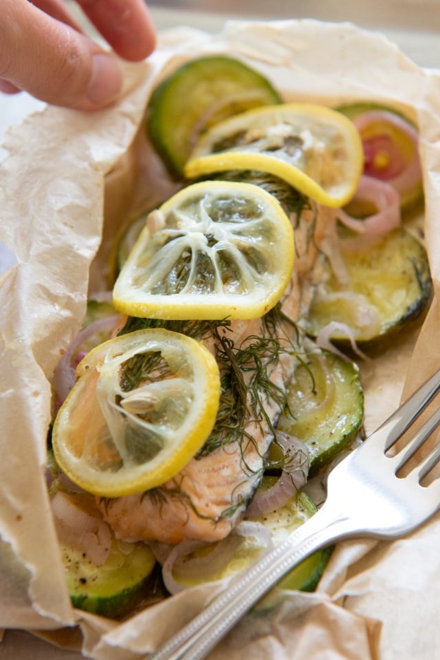 Papillote Salmon - On Cooked Zucchini Slices with Lemon and Dill On Top