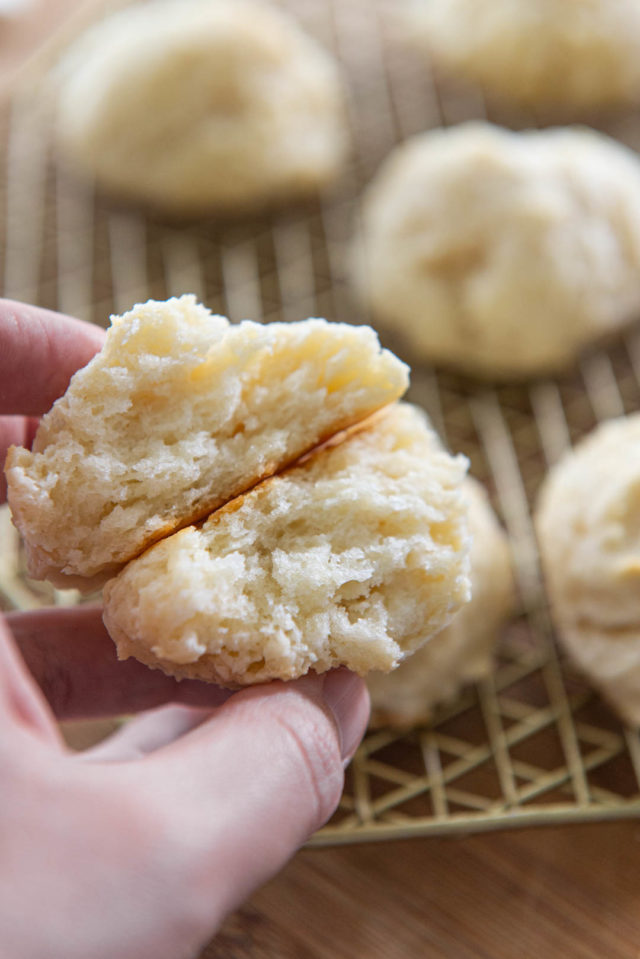 Drop Biscuit Recipe - Shown with Interior View of Fluffy Soft Crumb over Gold wire Rack