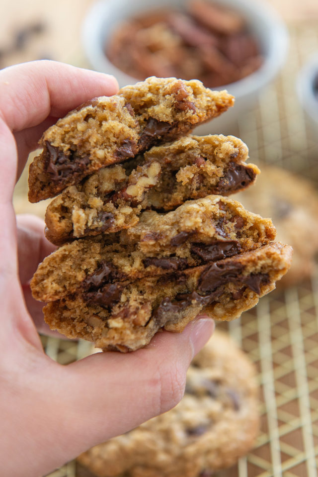 Healthy Oatmeal Chocolate Chip Cookies - Stacked Up Showing Interior Gooeyness
