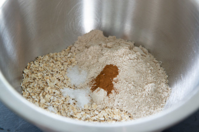 Flour, Oats, Cinnamon, Salt, and baking Soda in a Mixing Bowl
