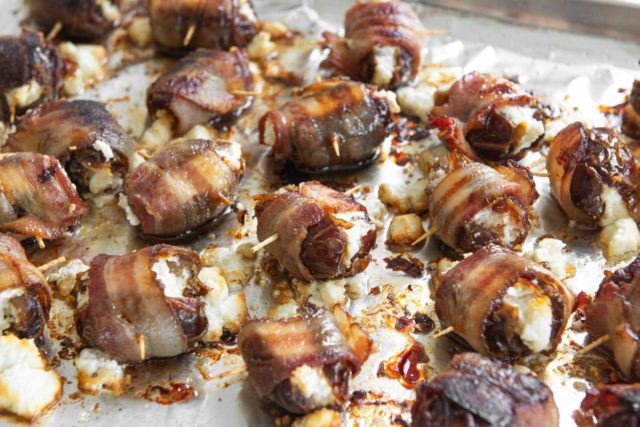 Goat Cheese Stuffed Bacon Wrapped Dates - Freshly Baked on a Foil Tray