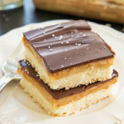 Two Pieces of Millionaire's Shortbread on a Plate