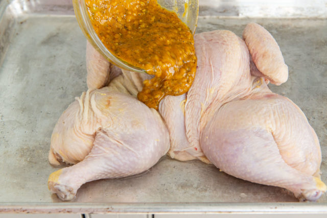Pouring Peruvian chicken Marinade On a Whole Chicken