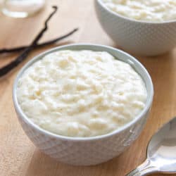 Rice Pudding in a Blue Bowl with Vanilla Specks