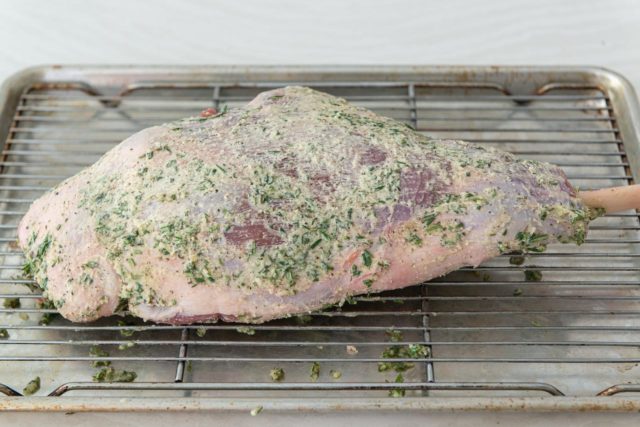 Bone In Leg of Lamb with Herb Paste on Wire Rack