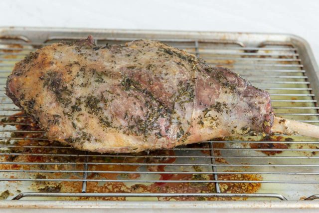 How to Cook Leg of Lamb - Shown After Browning Stage in Hot Oven