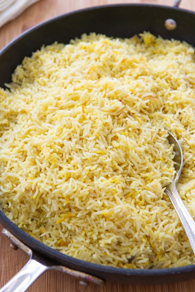 Saffron Rice Recipe - Shown In a Nonstick Frying Pan with Spoon
