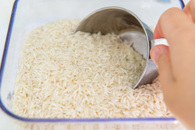 Basmati Rice in a Plastic Bin with Measuring Cup