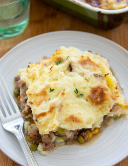 Shepherd's Pie - One Serving Plated on a Gray Plate with a Fork