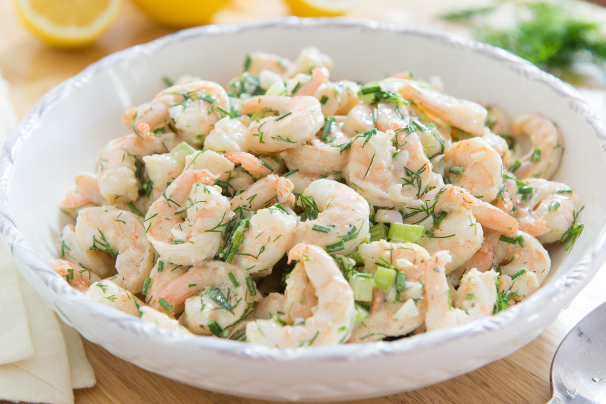 Shrimp Tossed with Dill, Celery, and Creamy Dressing, Served Cold in a Bowl