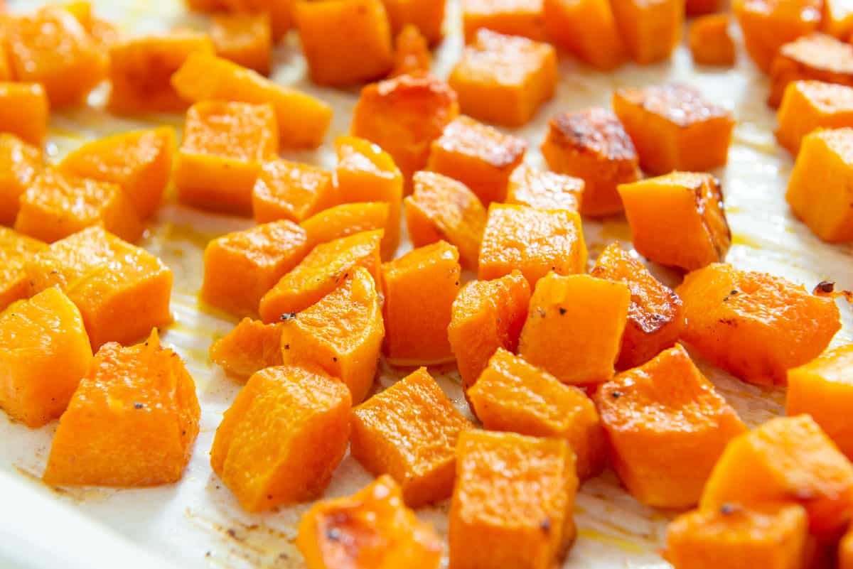 Roasted Butternut Squash Cubes on Parchment