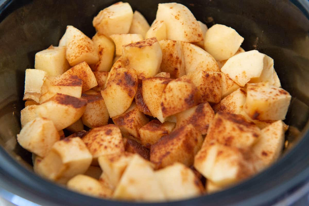 Partially Cooked Apple Chunks in Slow Cooker with Cinnamon