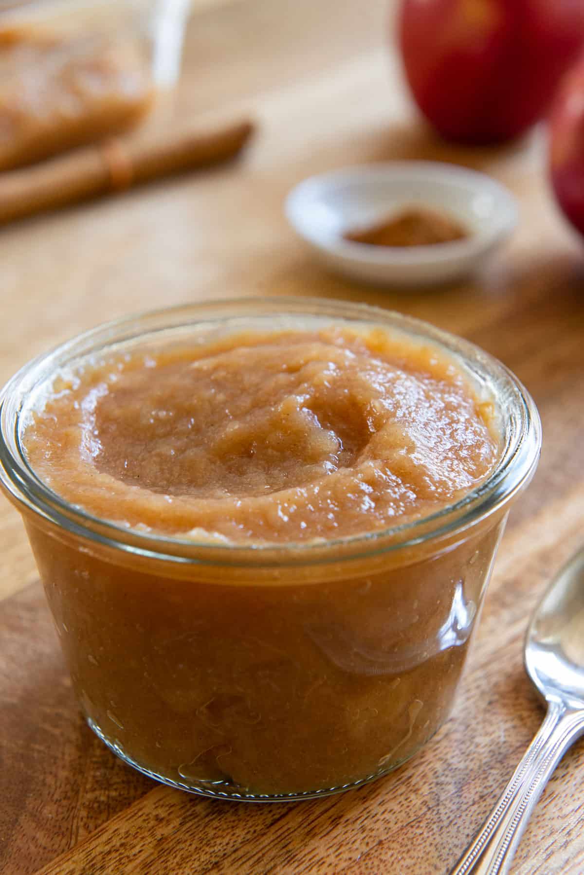 Applesauce Recipe Presented in Glass Jar After Cooking in Slow Cooker