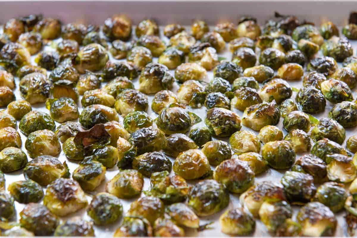 Baked Brussel Sprouts On a Sheet Pan in a Single Layer