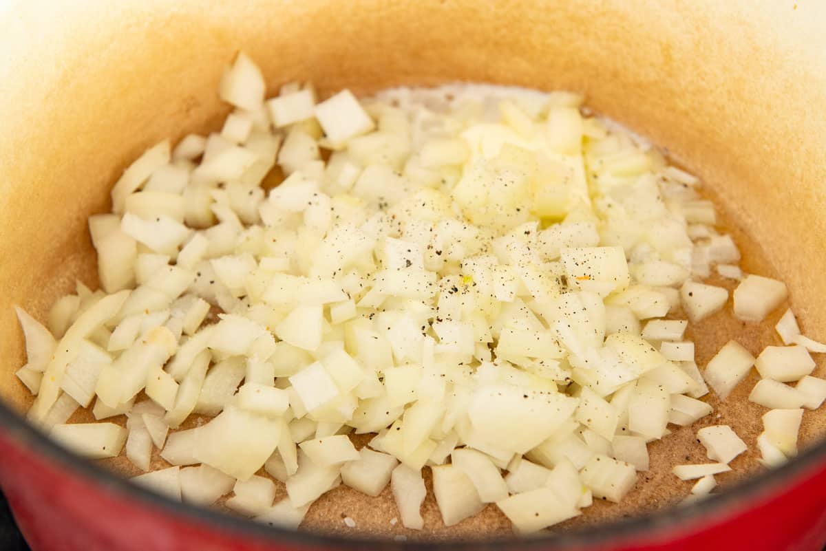 Onions, Butter, and Seasoning In Soup Pot