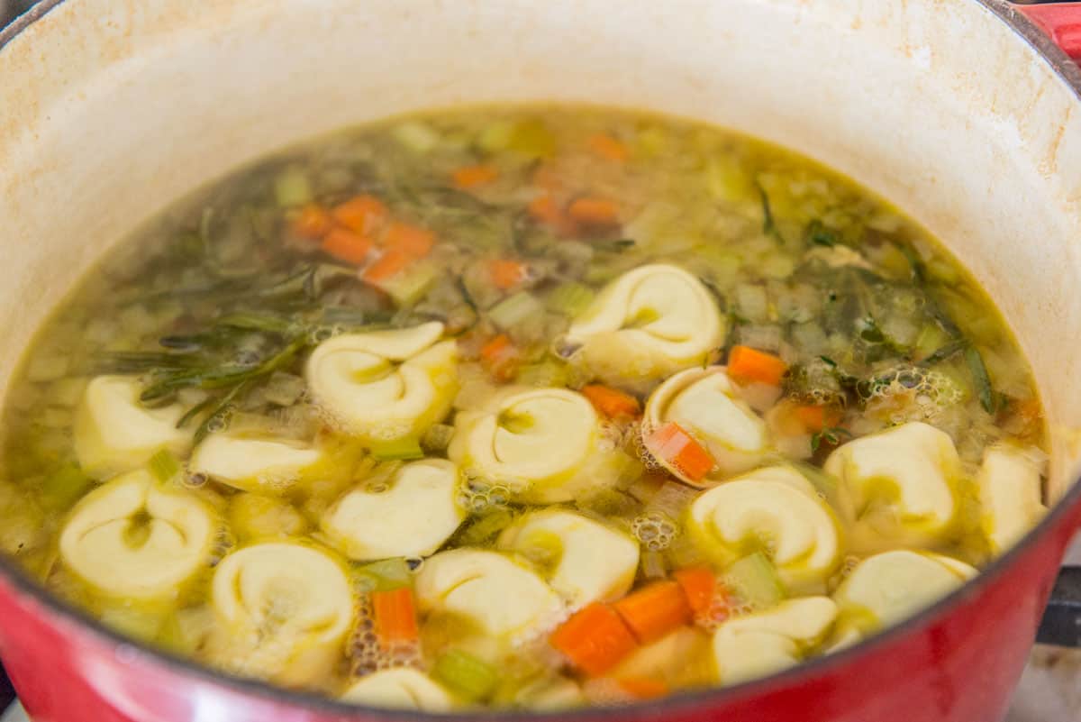 Cooked Tortellini In Soup Pot with Vegetables