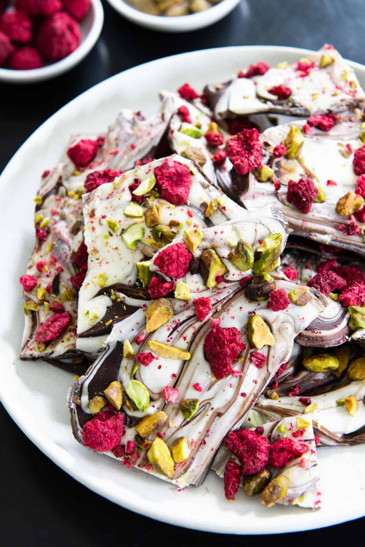 Chocolate Bark with Raspberries and Pistachios On Plate