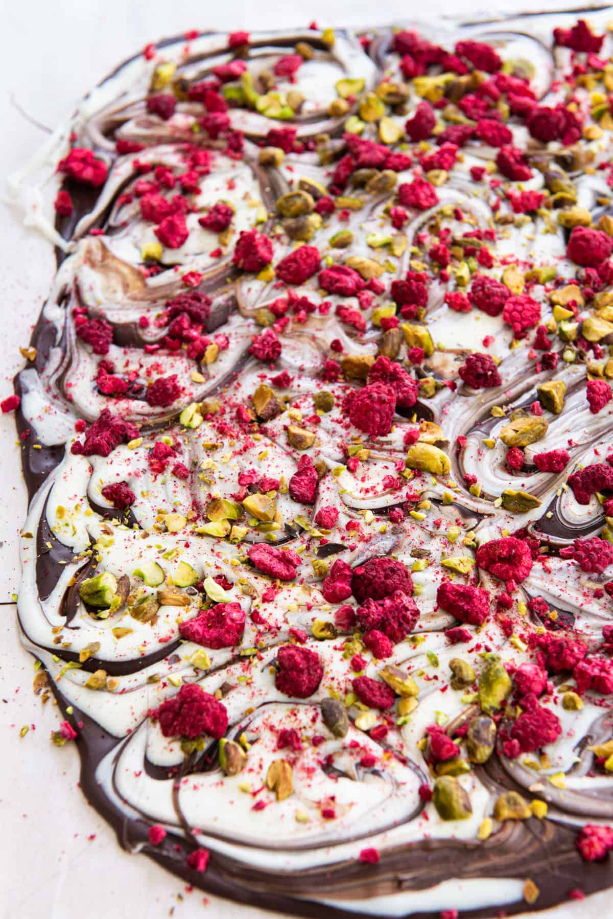 Slab of Chocolate Bark with Raspberries and Pistachios
