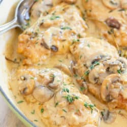 Chicken Marsala with Fresh Thyme Leaves in Green Pan