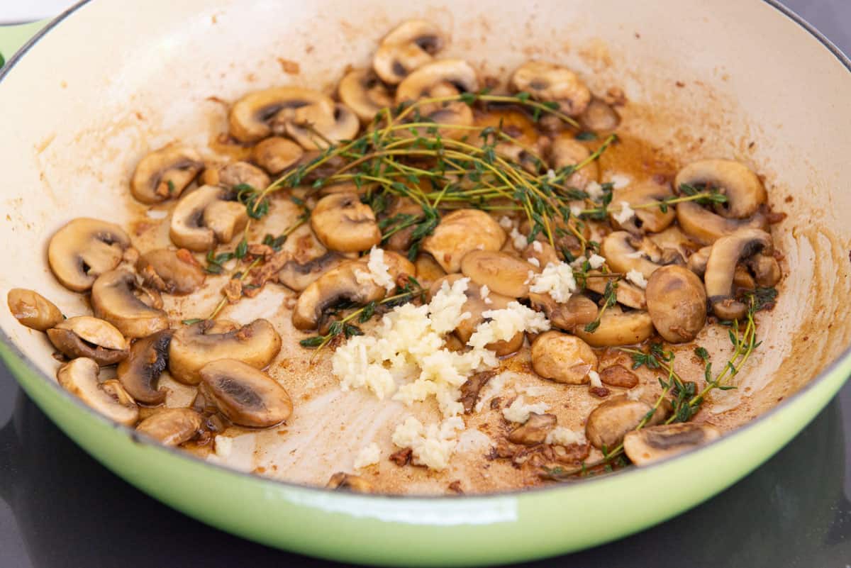 Mushrooms, Garlic, and Thyme in Pan