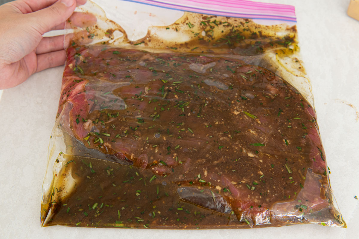Flank Steak Marinade and Beef In Plastic Bag with Rosemary and balsamic