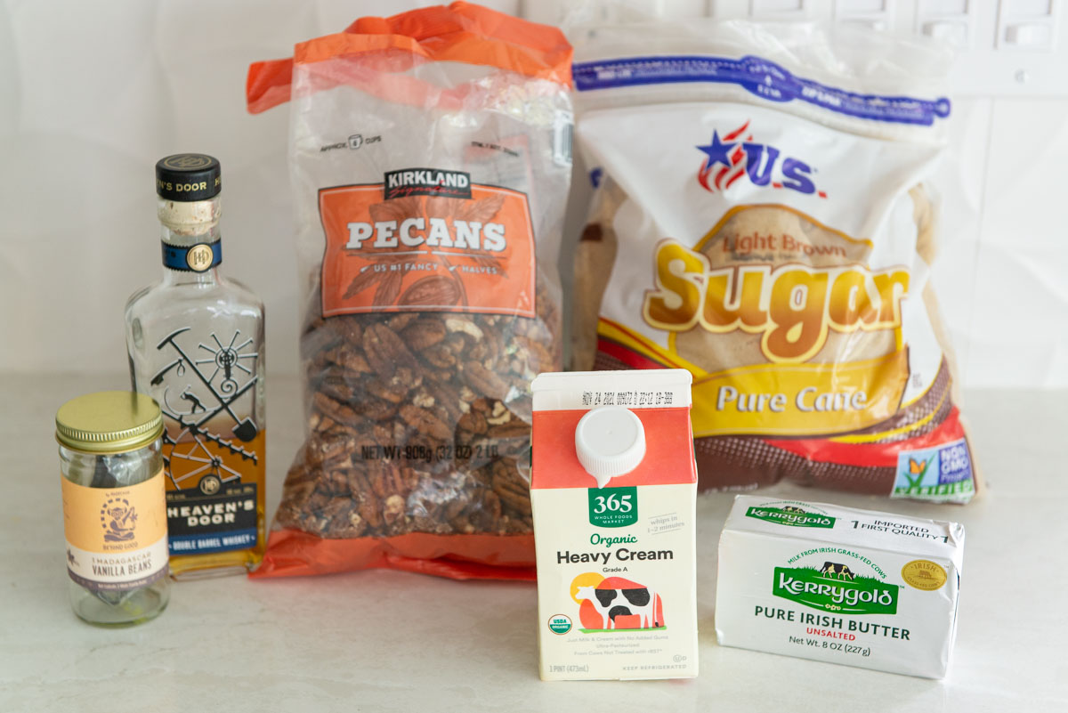 Pecan Praline Candy Ingredients On A White Countertop