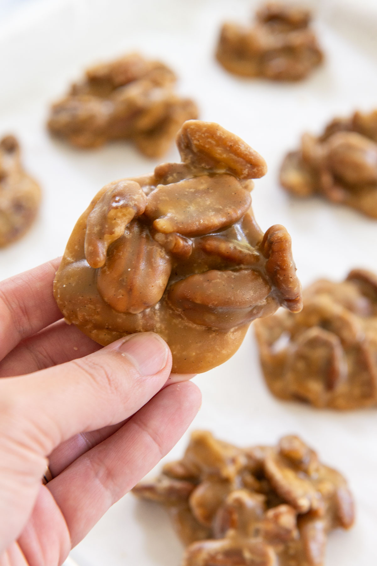 Pecan Praline Candy held In Hand Over Parchment Paper