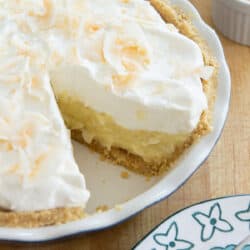 Coconut Cream Pie in a Dish with Slice Taken Out