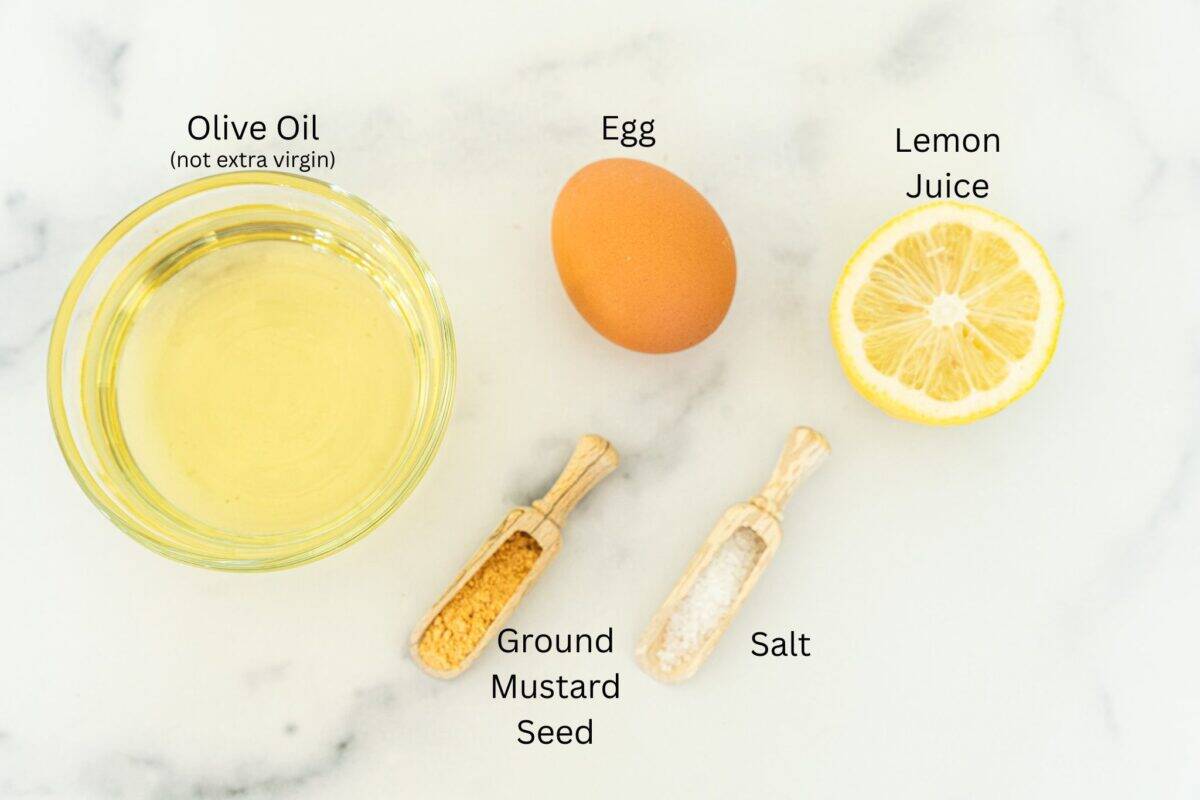 Ingredients: olive oil, Egg, Lemon Juice, Ground Mustard Seed, Salt