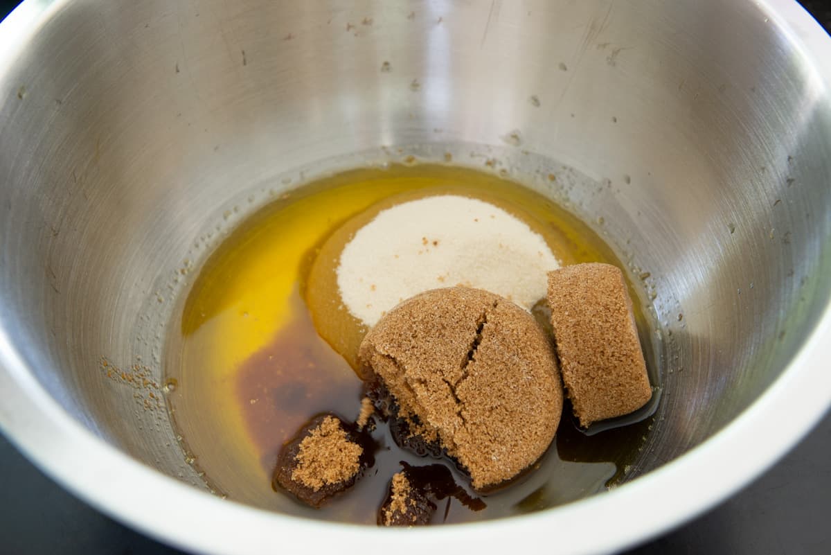 Brown sugar and granulated sugar in a mixing bowl with brown butter