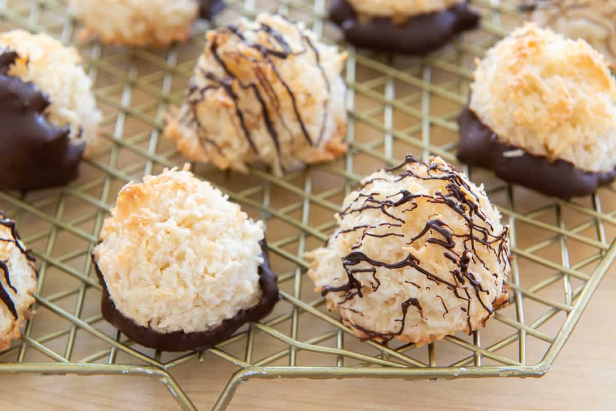Coconut Macaroons On Wire Rack With Chocolate Drizzle and Dip