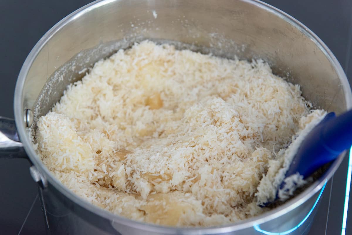 Stirring the Coconut Macaroons Mixture In Saucepan