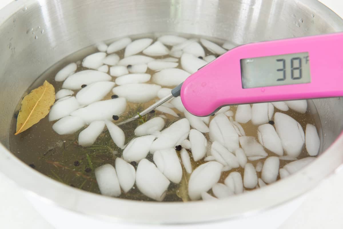 Showing The Brine at 38 Degrees With Thermometer