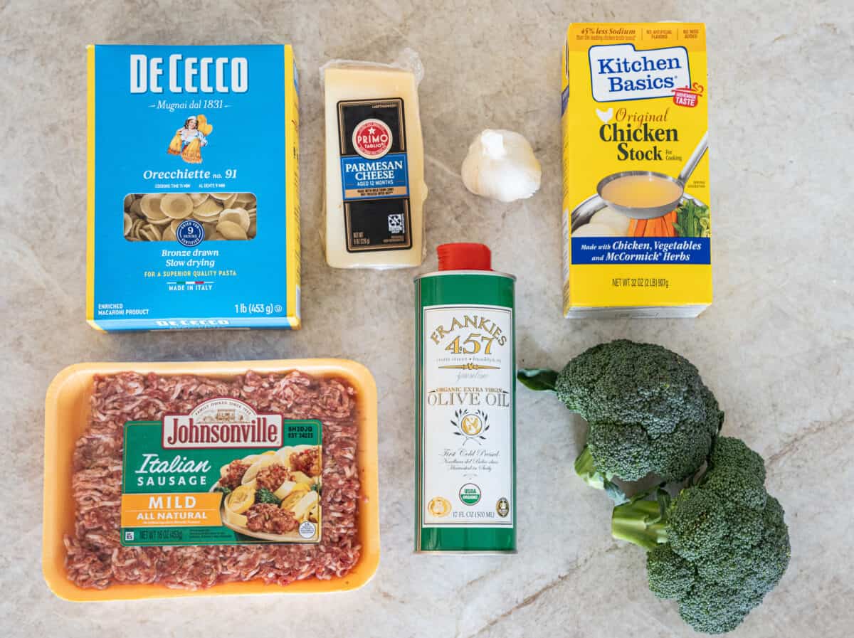 Ingredients : Orecchiette Pasta, Parmesan Cheese, Garlic Cloves, Chicken Stock, Italian Sausage, Olive oil, Broccoli