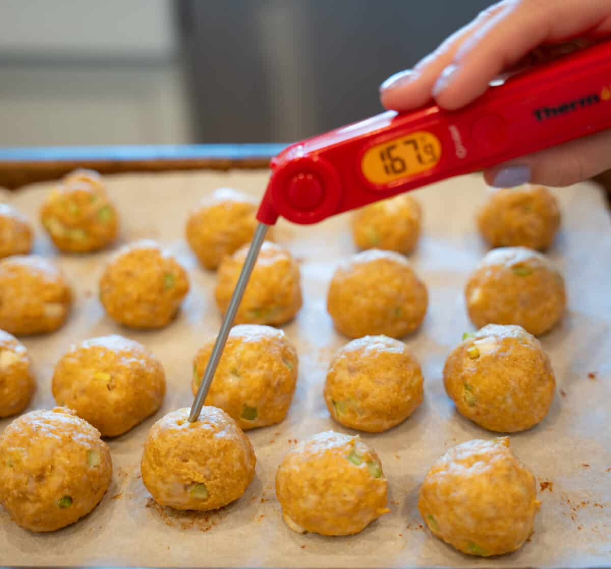 temperature of buffalo chicken meatballs at 167 degrees farenheit