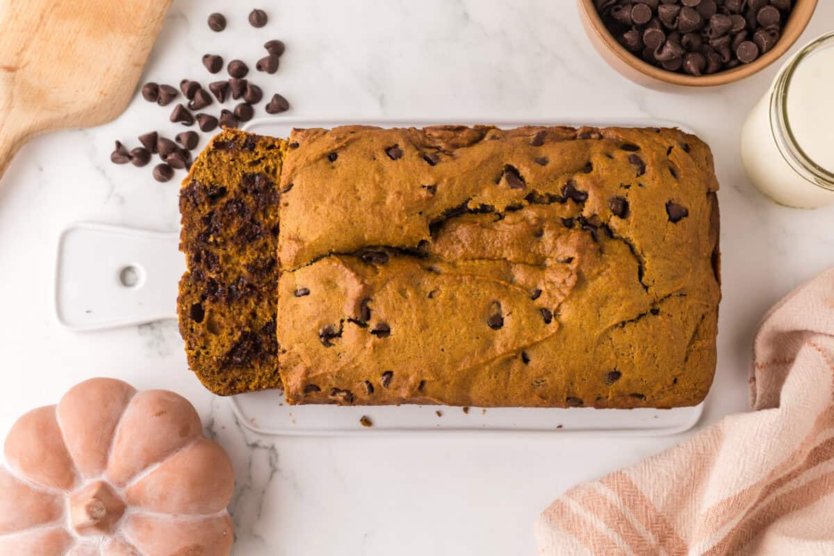 sliced pumpkin chocolate chip bread on cutting board
